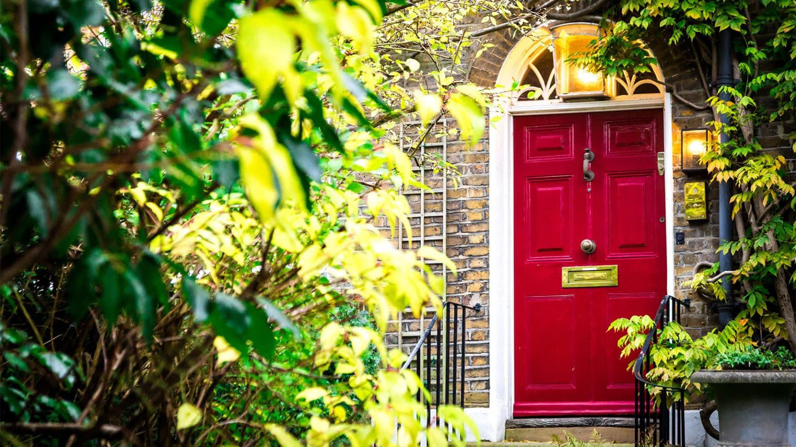 Beautiful red door with leafy exterior