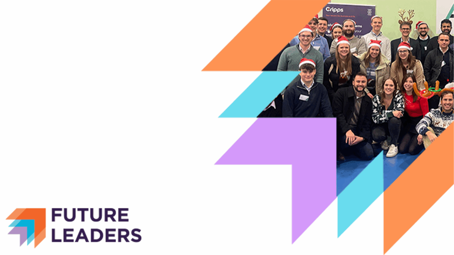 A group of people wearing festive hats poses for a photo next to the Future Leaders logo on a white background.